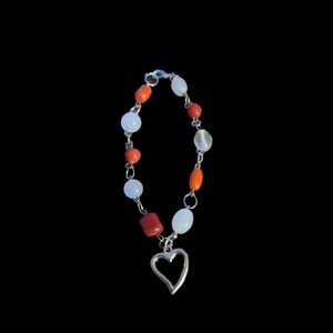 Elegant Heart Charm Bracelet with Red and White Glass Beads